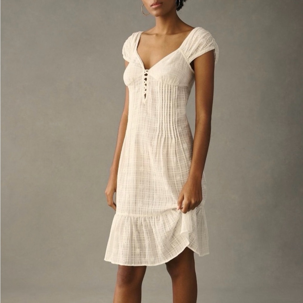 NWT Anthropologie Cap Sleeve Lace Up Babydoll Dress White Size S - Picture 1 of 6